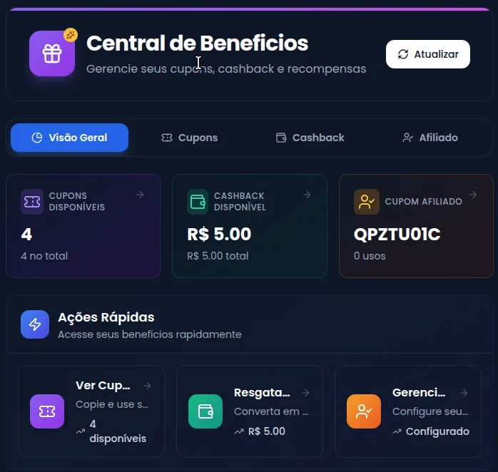 Painel de benefícios com cupons disponíveis e cashback de R$ 5,00
