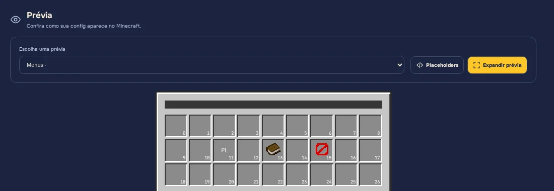 Editor de configs da yStore com um menu YAML e a prévia do inventário ao lado