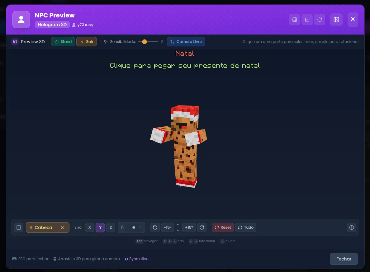 Prévia 3D de um NPC com holograma de texto