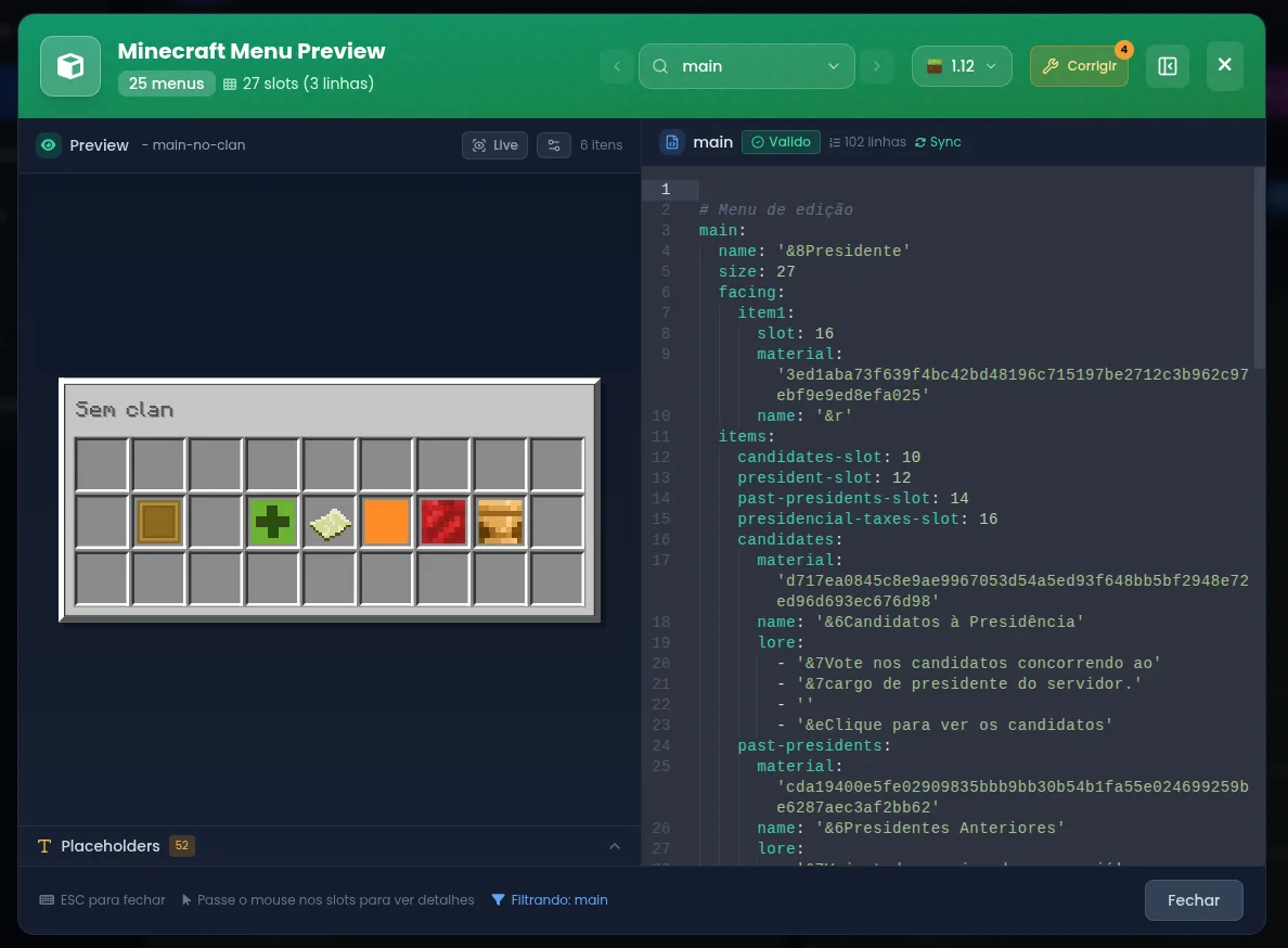 Prévia de um menu de Minecraft gerado a partir de uma config YAML