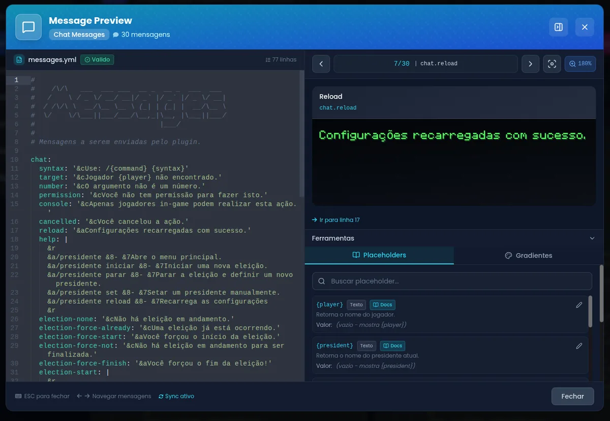 Prévia de mensagens de chat de um arquivo messages.yml